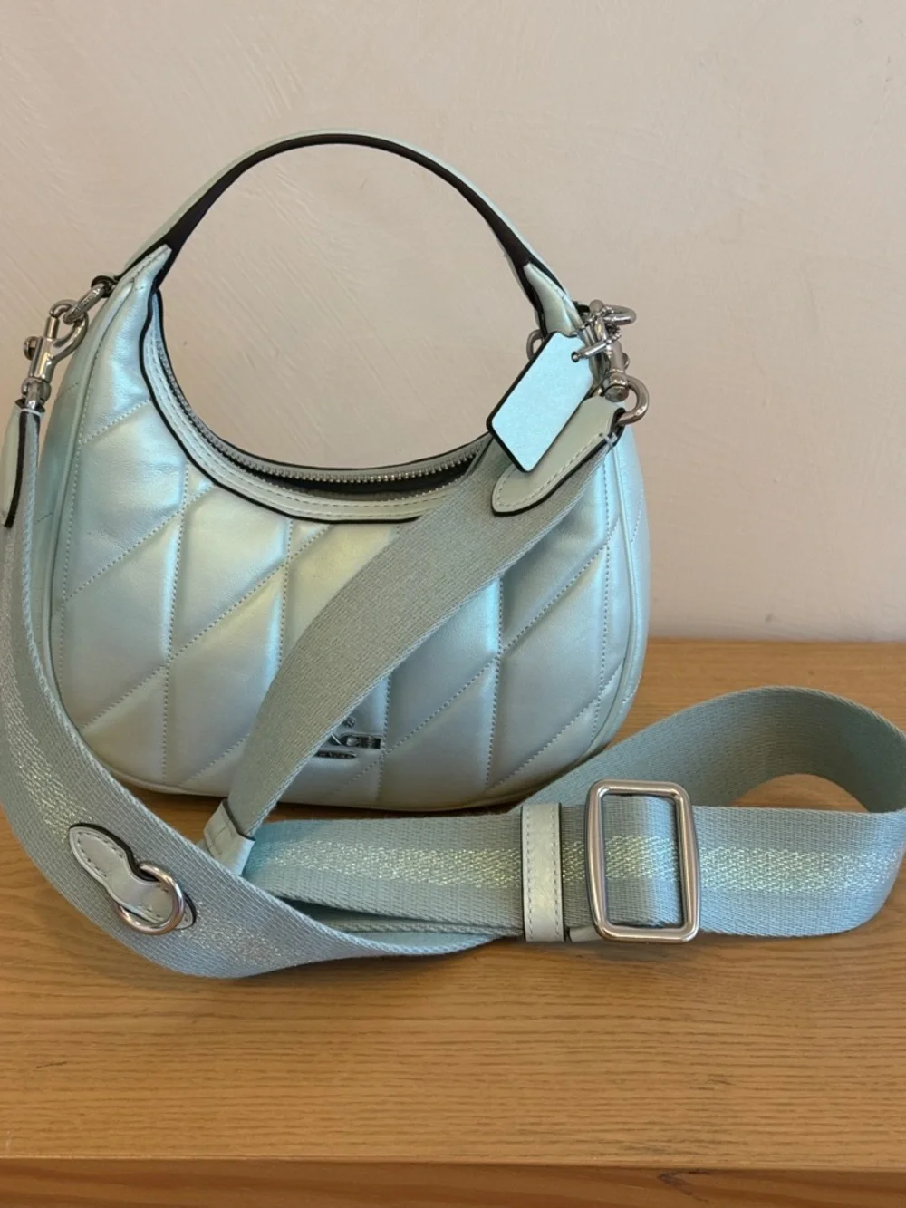 Coach Light Blue Quilted Leather Crossbody Bag with Tassel